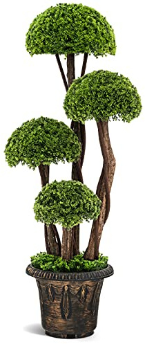 COSTWAY Arbre Artificiel en Cèdre 90 cm avec 4 Boules de Cèdre, Faux Cyprès Topiaire avec Tronc en Rotin Pot Rempli de Ciment, pour Décoration de Maison Bureau Jardin Balcon