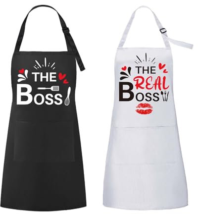 ROSEMO 2 Pack Couples Aprons, Couples Cooking Apron with 2 Pockets, His and Hers Aprons as Valentine's Day Wedding Anniversary Engagement Bridal Shower Gift for Couples and Newlyweds