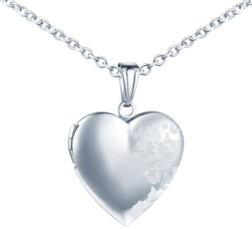 MICMIF Collar Medallón Personalizado para Mujer, Colgante de Corazón con Mariposas, Acero inoxidable Collar Relicarios para 2 Fotos Joyería con Cadena 50cm