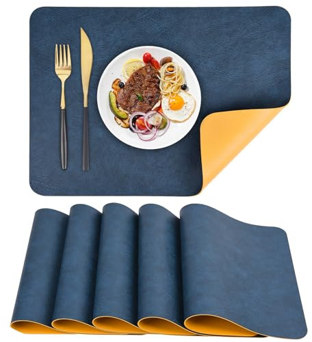 APLKER Faux Leather Placemats Set of 6 Dual Sided Heat Resistant Dining Table Place Mats Waterproof Washable Table Mats, 16 x12 inch (Blue/Yellow, Set of 6)