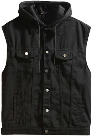 YOSUWOAI Men's Denim Vest with Hood Biker Sleeveless Jeans Vest with Button Placket Lapel Motorcycle Vest with Multiple Pockets Comfortable Soft Denim Vest Plain Outdoor Vest Denim Leisure Vest