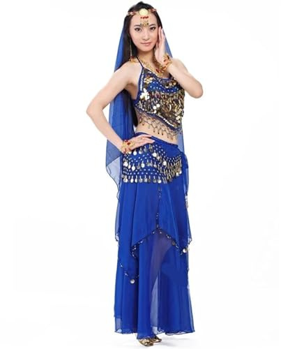 OZLCUA Abito di Danza del Ventre Costume Set 2/3/5 Pezzi Velo di Danza del Ventre Top Monete Sciarpa all'anca Gonna Costume di Danza del Ventre Donna Danza del Ventre Vestito(Blue,2-Pieces)