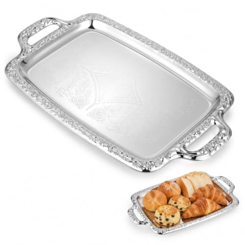 TOPBATHY Silver Serving Tray with Handles, 39 cm Rectangular Metal Tray | Shallow 1.7 cm profile keeps bread, drinks and snacks easy to arrange for tabletop presentation and everyday serving