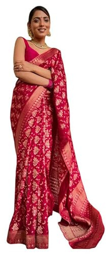 IMTRA FASHION Designer Saree Per Donna Indiano Stile Kanjivaram Banarasi Jacquard Sari Con Camicetta Scucita Pezzo-Rosa