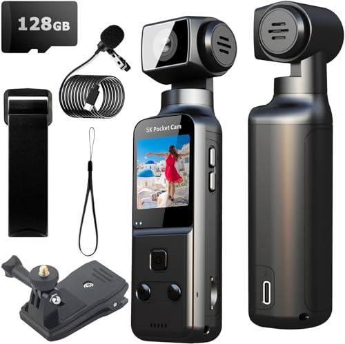 YONDENE Body Camera 5K with External Microphone, Mini Video & Audio Pocket Cam 270° Rotation Camera for Outdoor Sport, Bike, Travel, Police Law Enforcement, Personal Civilians, 128GB Included