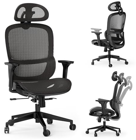 SENSE7 Silla de Oficina Ergonómica Neyo – Silla Giratoria con Reposabrazos Ajustables – Reposacabezas 3D – Malla Transpirable – Teletrabajo y Oficina en Casa – Inclinación 140° – Color Negro