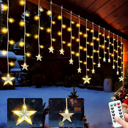 Tenda Luminosa, 108 LED, 15 Stelle, Telecomando, Luci a Tendina per Finestre, Spina con 8 Modalità Lampeggianti, Decorazione per Natale, Matrimoni, Camere da Letto, Feste, Compleanni, Bianco Caldo