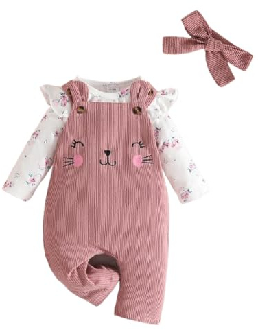 Eqenkely 3 Pièces Vêtements de Ensemble pour Bébé Fille Manches Longues Barboteuse Haut Floral + Pantalon de Salopette + Bandeau(0-18 mois) Blanc Top et Rose Pants 3-6 Mois
