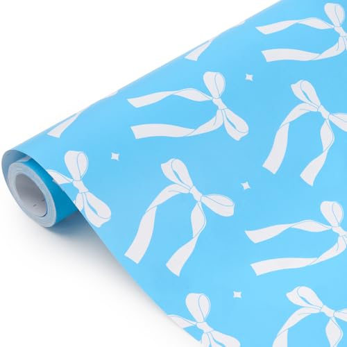 Rollo de papel de regalo Kraft: papel de regalo con lazo azul, papel reciclable para Navidad, cumpleaños, bodas, fiestas, 43 cm x 15 m