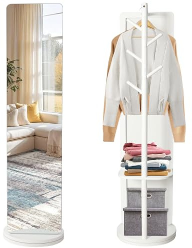 MOHQZA Specchio da Terra con Appendiabiti, Specchio Figura Intera 164 x 40cm, Specchiera Autoportante Girevole a 360°, Legno e Vetro Temperato, per Camera da Letto Soggiorno Guardaroba (Bianco