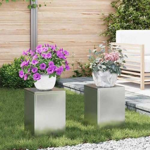 Frdhee Banco de flores para salón, soporte para plantas, 2 unidades, color plateado, 24 x 24 x 35 cm, acero galvanizado, estantería para salón y balcón