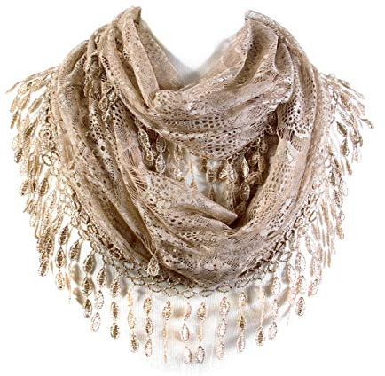 Scarf& Scarfand's Delicate Lace Infinity with Teardrop Fringes (Camel)