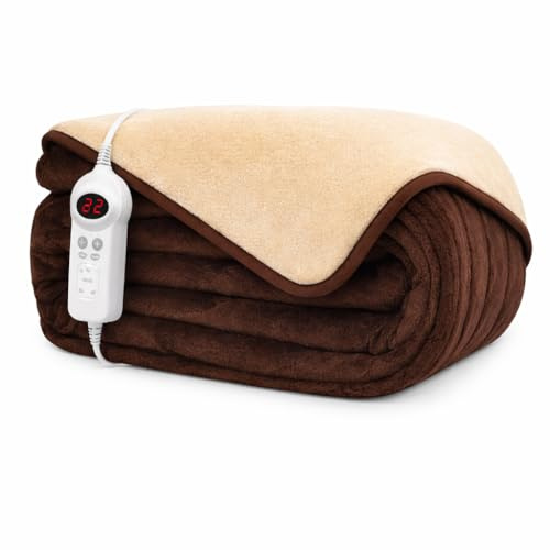 MYLEK Electric Heated Throw/Over Blanket in Chocolate & Cream - 9 Heat & Timer Settings - Easy To Use Digital Control - Machine Washable - Ultra Soft, Cosy Finish - 160 x 120cm