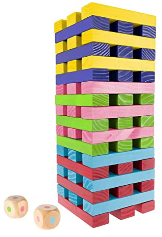 HEY! PLAY! Nontraditional Giant Wooden Blocks Tower Stacking Game with Dice, Outdoor Yard Game, for Adults, Kids, Boys and Girls (Rainbow Color)