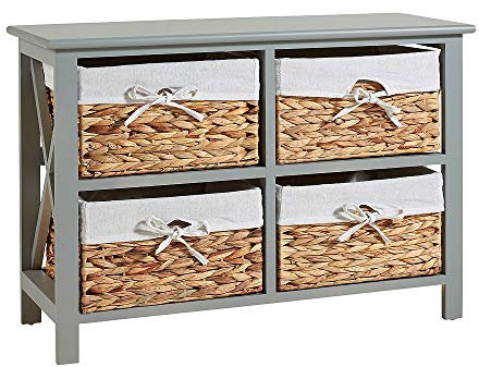 Home Source Wooden Storage Cabinet Chest Water Hyacinth Basket Hallway Organiser Unit, Grey, 4 Drawer