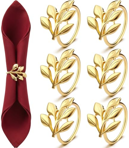 WILLBOND 6 Pieces Leaf Napkin Rings Holders for Wedding, Birthday Dinner Party, Family Gatherings, Table Decorations Christmas Thanksgiving Parties (Gold, 6 Pieces)