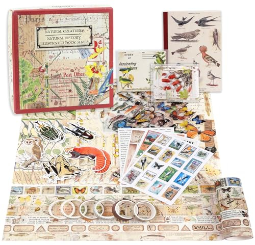 Lychii Scrapbook Zubehör Set, 338 Stück Bullet Journal Sticker Set mit A6 Notizbuch, Washi Tape, Sticker, Scrapbook Papier, für Kinder DIY, Geburtstagsgeschenk, Kindertag Geschenk (Naturthemen)