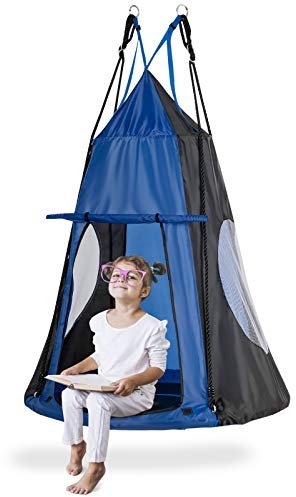 GOPLUS Ø100 cm Nestschaukel mit Zelt, Schaukel bis 150 kg Belastbar, Höhenverstellbar 100–180 cm, Hängeschaukel mit Tür & Fenster, Gartenschaukel für Kinder & Erwachsene, Outdoor & Indoor (Blau)
