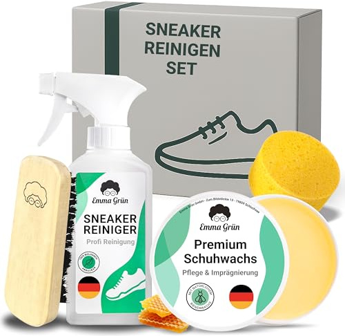 Emma Grün® Sneaker Cleaner Reinigungsset 250ml [Bürste + Schwamm + Pflegewachs] - Nachhaltiges Komplettset - Schuhputzsets Sneaker Reiniger Weiß - Schuhreiniger Schuhpflegeset - Shoe Cleaning Kit