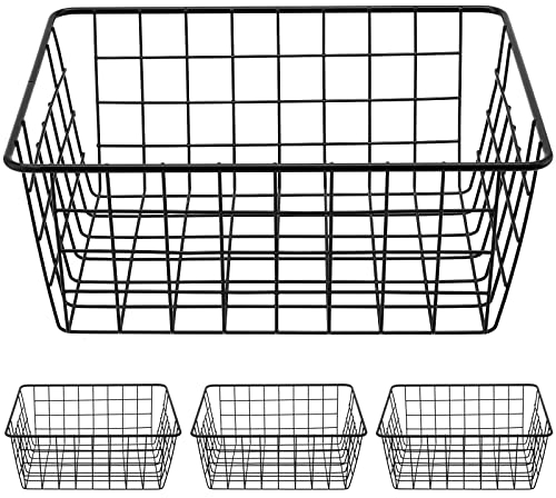 PINGEUI 4 PCS Black Metal Wire Baskets, Wire Organiser Storage Baskets with Handles, Metal Wire Basket Organiser for Kitchen Cabinet, Pantry, Closet, Bedroom, Bathroom, 28 x 22 x 12cm