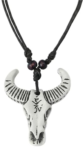 HS86 Collar de cabeza de toro para hombre – Colgante de cráneo de búfalo de resina – Cadena ajustable estilo vaquero y motorista – Joyería étnica con aspecto de hueso, Resina