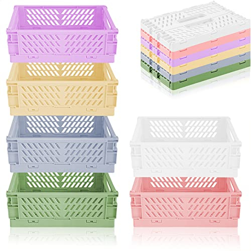 Lighterday 6 pcs Mini Foldable Desk Crates Storage Box, Plastic Stackable Table Basket Organizer, Pastel Colour Storage Decor for Bedroom Office Bathroom Toiletries Cosmetics (6 colours large)
