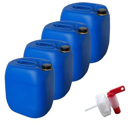 Lot de 4 bidons d'eau 30 l en plastique bleu DIN61 + 1 robinet d'écoulement