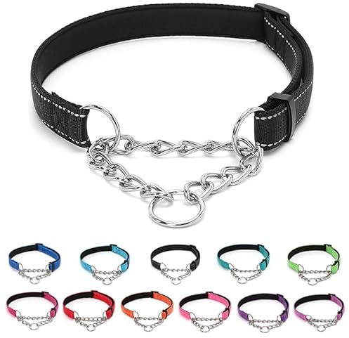 LOS ANDES Dog Choke Collar Martingale with Limited Chain, Soft Padded No Pull, Reflective Training Collars for Large, Medium and Small Dogs(S:Neck 25-45cm,Black)