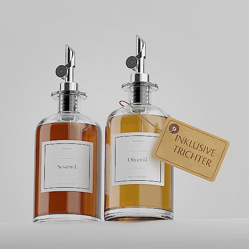 Greymount ® Ölspender Set - 2er Pack 500ml Ölflasche aus Glas mit Ausgießer Silber für Olivenöl, Essig und mehr | Auslaufsicher und Tropffrei | Inklusive 27 Etiketten und Trichter
