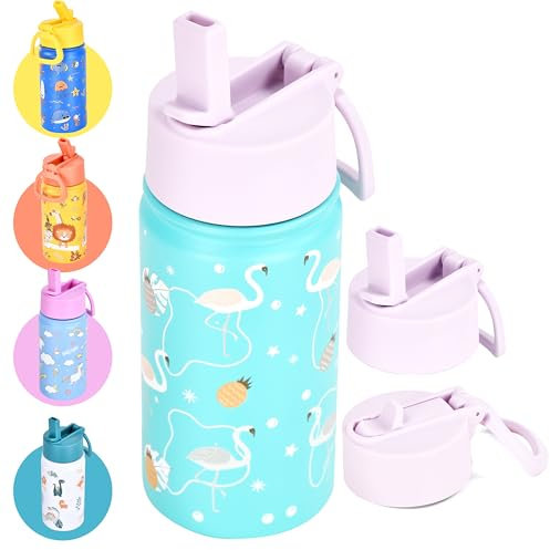 HYDRATE Stainless Steel Kids Bottle - 350ml - Flamingo Design - Toddler Water Bottle with Straw - Non-Leak Lid - One-Hand Operation Push-Button Cap for School or Field