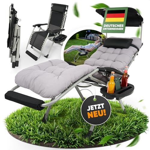 NatureLiving® Sonnenliege Liegestuhl klappbar- Robust, Faltbar & Wetterfest - Gartenliege mit Sonnendach für Garten und Balkon, Klappliege, Balkonliege, Outdoor Liege, Relaxliege, Belastbar 200kg