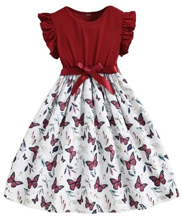Girls Chiffon Butterfly Print Dress - Ruffle Cap Sleeve, Elastic Waist, Ribbon - Perfect Summer Party Dress for Kids, Flower Girl, Ages 7-12 Stylish Clothing for Special Occasions (Red, 9-10 yrs)
