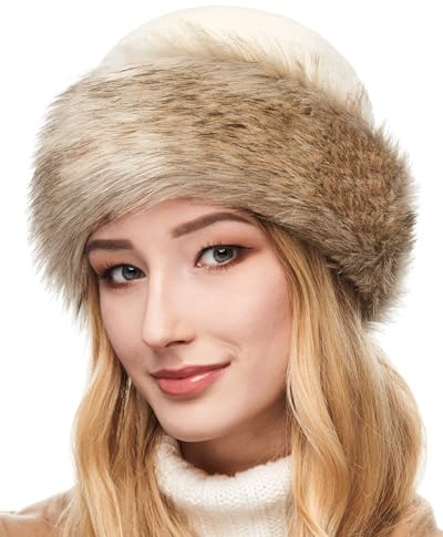 Futrzane Classic Colbacco - Cappello Pelliccia Ecologica Donna - Berretto Russo (L, Ecru - Dorato Classic)