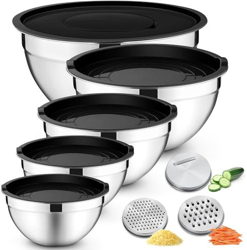 Joyfair Mixing Bowls Set of 5, Stainless Steel Nesting Bowl with Airtight Lids, 3 Grater Attachments & Metal Salad Storage Set for Baking Serving Mixing Prepping, Size 0.7/1.2/1.6/2.5/2.8/4.6QT, Black