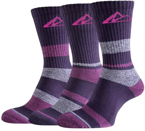 Effeet Women's Anti Blister Crew Light Outdoor Sports Socks, Breathable Cotton Trekking Running Socks 3 Pairs, Charcoal Pink 6-8