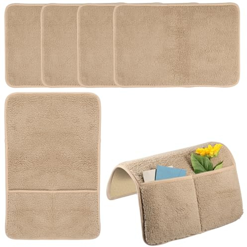 Foppla Lot de 5 Protège-accoudoirs en laine d'agneau pour canapé avec poches de rangement latérales, Housse de dossier de canapé antidérapante, Housse d'accoudoir pour fauteuil inclinable lavable en