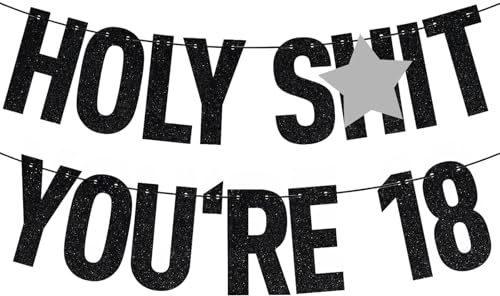 18th Birthday Decorations for Him Her, Black Glitter 18 Banner, Time to Adult/Happy 18th Birthdays/Cheers to 18 Years, Funny 18ths Birthday Party Decorations Supplies Boys Girls