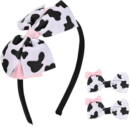 Cow Print Bow Headbands for Girls - Cute Kids Hair Bands with 2Pcs Interchangeable Cow Print Bow Clips, Thin Head Band Accessories for Toddler Children (Black&White-Cow Print)
