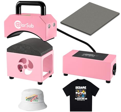 ColorSub Hat Heat Press Machine, 5.4×3.1 Mini Portable Heat Transfer Set | Sublimation Cap Press with Curved Heater/ Silicone Mat Iron for Crafts Vinyl Small Personalise Project Pink