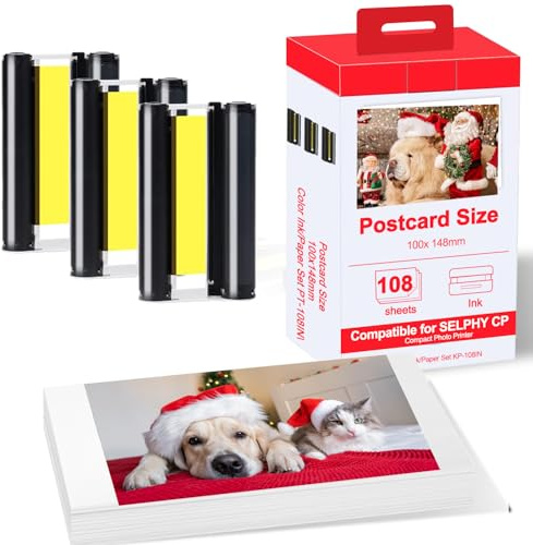 Ersatz für Canon Selphy Serie Papier/Patrone Set,108 Fotopapier (100 x 148mm) und 3 Patronen und Fotopapier KP-108IN 3115B001(AA) für Canon Selphy CP1500 CP1300 CP1200 CP910 CP1000 Fotodrucker