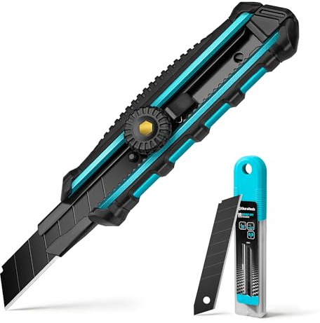 DURATECH Cutter Professionale 18mm con Blocco Rotante di Sicurezza, Lame SK5 a Spezzatura con 10 Lame di Ricambio, Taglierino per Cartone Carta e Tappeto