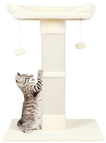 Runske 34 Cat Scratching Post for Indoor Cats, Sisal Cat Scratcher with Large Plush Perch, Vertical Posts with Elevated Bed and with Two Dangling Balls, Removable & Washable Cover, Beige White