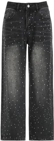 Generisch Jeans Con Piedras De Strass Y Lentejuelas Para Mujer Denim Pantalones De Strass Straight Wide Leg Jeans Boyfriend Harajuku Pantalones Y2K Pantalones De Uso Diario Pierna Recta Pantalones De