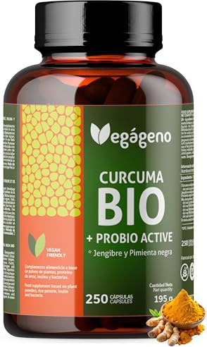 Curcuma Bio en Gélules avec Gingembre et Poivre Noir – 250 Gélules | Curcumine & Pipérine | Avec Probiotiques (200 Millions d’UFC) et Prébiotiques (Inuline Bio) – VEGAGENO