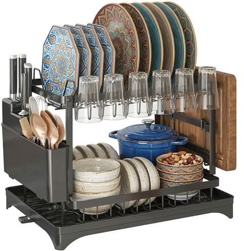 Qualiv Co 2 Tier Dish Drying Rack for Kitchen Counter, Large Capacity Dish Rack with Drainboard & Utensil Holder, Rustproof Kitchen Drying Rack for Plates, Bowls, Cups & Cutlery, Black