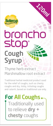 Bronchostop Cough Syrup (120ml) - Relief for Dry or Chesty Coughs - with Natural Thyme Herb and Marshmallow Root Extract - Non Drowsy Cough Medicine That Can Be Diluted & Undiluted - Alcohol Free