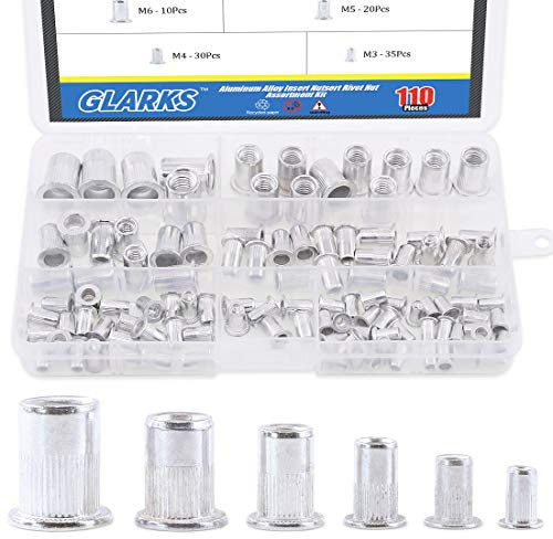 Glarks - Kit de tuercas de remache de 110 piezas de aleación de aluminio M3 M4 M5 M6 M8 M10 con rosca métrica