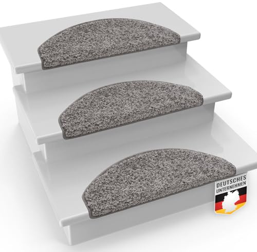 Floordirekt Shaggy Stufenmatten Sphinx - Treppenmatten in 13 Farben - Strapazierfähig & pflegeleicht - Hochflor-Stufenteppich in Kräusel-Optik (Halbrund 65 x 23,5 cm, Grau)