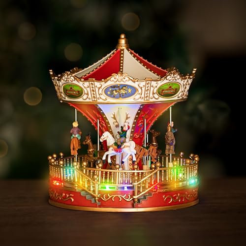Garden Mile Light Up Musical Christmas Carousel Battery Operated LED Multicolored Christmas Village Sets Ornaments For Home Decorations Table Mantlepiece Xmas Ornaments for Indoors