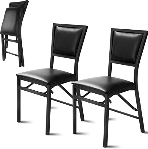TANGZON Set of 2 Folding Dining Chairs, Faux Leather Kitchen Chairs | Padded Seat and Back, Black Upholstered Side Chairs, Metal Frame, Space Saving Design for Dining Room and Office